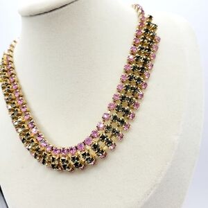 Stunning Vintage Rhinestone Choker Necklace • Hook Clasp • Pink & Gray